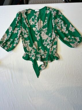 Sienna Sky Green Floral Tie-Front Blouse with Cream Print